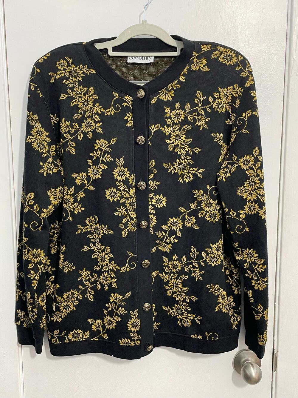 Vintage Eccobay Cardigan Sweater XL Black Gold Floral Preppy Regency Holidays
